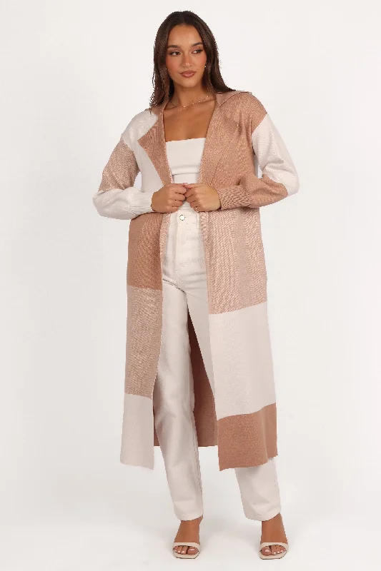 color block women cardigan with bold huesKingston Large Check Long Cardigan - Beige Check color block women cardigan with bold huesKingston Large Check Long Cardigan - Beige Check