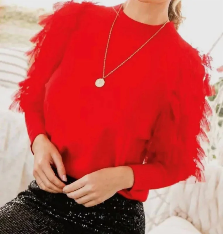 Plus Size Women's Ruffled Hem Sweaters in Floral PrintsLace Detail Sweater In Red
