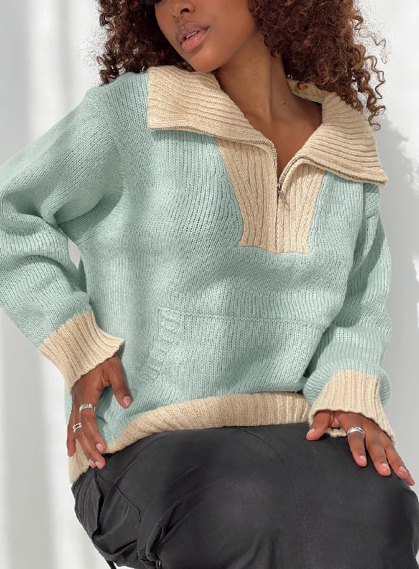 Plus Size Women's Striped Cotton - Blend Sweater in Navy and White for a Nautical ThemeLeelie Quarter Zip Sweater Mint / Beige Plus Size Women's Striped Cotton - Blend Sweater in Navy and White for a Nautical ThemeLeelie Quarter Zip Sweater Mint / Beige