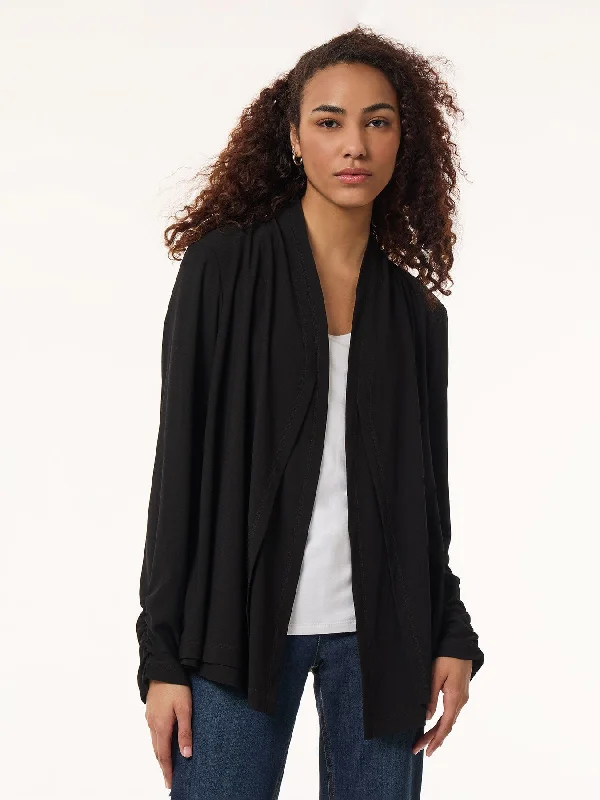 Plus Size Women's Fringe - Trimmed Sweater in Beige for a Boho - Inspired StyleLong Sleeve Double Layer Cardigan, Moss Crepe