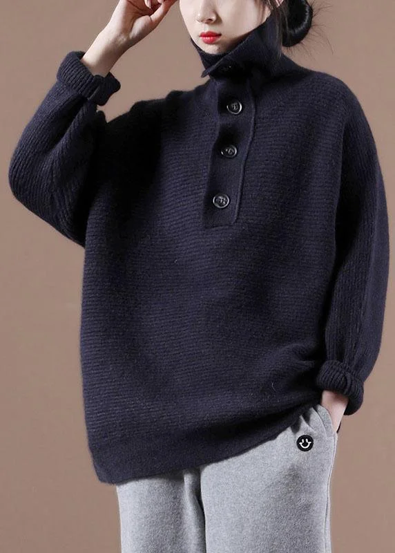 Women's Cropped Cable - Knit Merino Wool Sweater in Beige for a Trendy Fall OutfitLoose Navy High Neck Button Fall Knit Sweater Women's Cropped Cable - Knit Merino Wool Sweater in Beige for a Trendy Fall OutfitLoose Navy High Neck Button Fall Knit Sweater