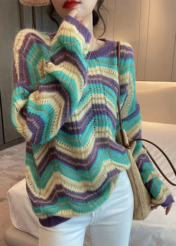 Plus Size Women's Embroidered Floral Patterned Sweater in White for a Spring - Inspired LookLoose Purple Striped O Neck Hollow Out Patchwork Knit Sweaters Fall Plus Size Women's Embroidered Floral Patterned Sweater in White for a Spring - Inspired LookLoose Purple Striped O Neck Hollow Out Patchwork Knit Sweaters Fall
