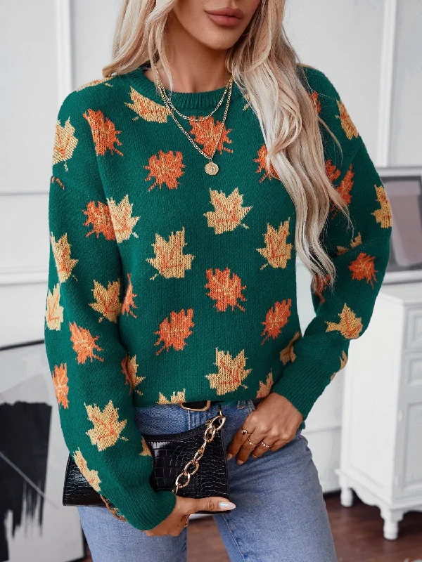 Plus Size Women's Open - Front Cardigan Sweater in Burgundy with Buttons for a Stylish LayerMaple Leaf Round Neck Long Sleeve Sweater Plus Size Women's Open - Front Cardigan Sweater in Burgundy with Buttons for a Stylish LayerMaple Leaf Round Neck Long Sleeve Sweater