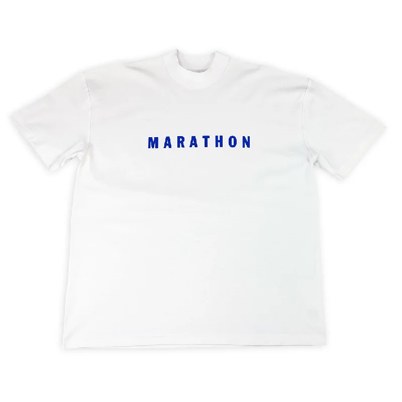 Distressed Women T Shirt with a Laid - Back AestheticMarathon Hero T-Shirt (Ultra Oversized) - White/Navy Distressed Women T Shirt with a Laid - Back AestheticMarathon Hero T-Shirt (Ultra Oversized) - White/Navy