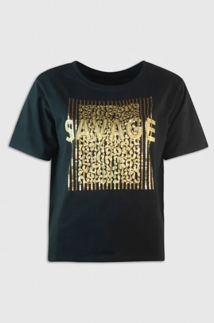 Plus Size Women's Button - Down Sweater in Mustard Yellow for a Pop of ColorMd'M Black Tshirt With Gold Savage Sequin Print Plus Size Women's Button - Down Sweater in Mustard Yellow for a Pop of ColorMd'M Black Tshirt With Gold Savage Sequin Print