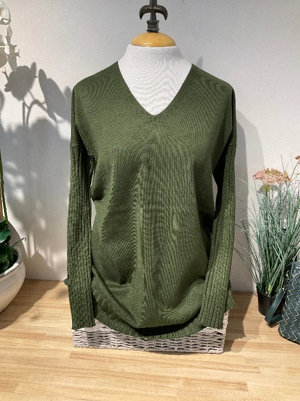 Plus Size Women's Striped Cotton - Blend Sweater in Navy and White for a Nautical ThemeMetric Knits Avocado V Neck W/ Ribbed Sleeve And Hem Sweater Plus Size Women's Striped Cotton - Blend Sweater in Navy and White for a Nautical ThemeMetric Knits Avocado V Neck W/ Ribbed Sleeve And Hem Sweater
