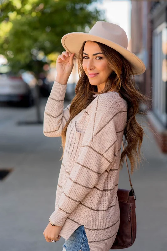 Women's Sheer Lace - Trimmed Sweater in Cream for a Delicate and Elegant AppearanceMixed Stripes Knit Sweater