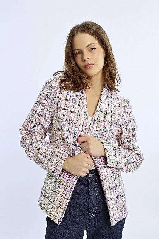 Plus Size Women's Off - Shoulder Ruffled Hem Sweater in Pink for a Feminine and Flirty LookLili Sidonio Pink And Sequin Tweed Jackets