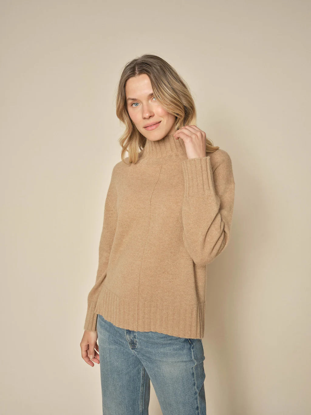 Plus Size Women's Mock - Neck Sweater in Teal with a Side Slit for a Modern TwistMos Mosh Tannin Aima High Neck Cashmere Jumper Plus Size Women's Mock - Neck Sweater in Teal with a Side Slit for a Modern TwistMos Mosh Tannin Aima High Neck Cashmere Jumper