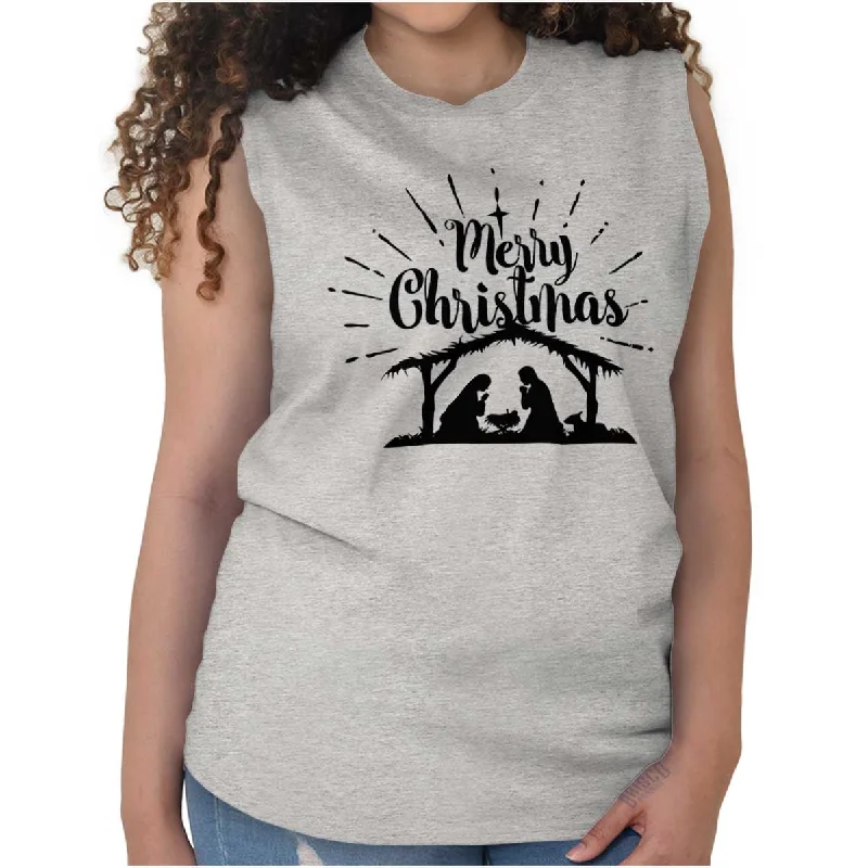 Graphic Print Women T Shirt for a Trendy StatementNativity Scene Merry Christmas Sleeveless T-Shirt