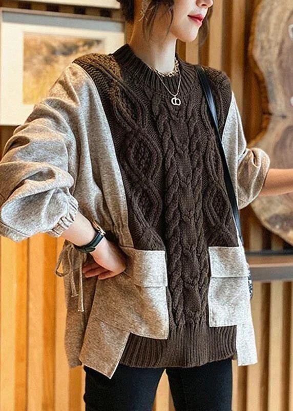 Plus Size Women's Zip - Up Fleece - Lined Sweater in Black for Extra Warmth in Cold WeatherNatural Coffee Patchwork Pockets Cinched Thick Fall Knit Sweater Plus Size Women's Zip - Up Fleece - Lined Sweater in Black for Extra Warmth in Cold WeatherNatural Coffee Patchwork Pockets Cinched Thick Fall Knit Sweater