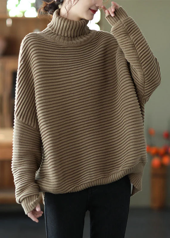 Plus Size Women's Off - Shoulder Ruffled Hem Sweater in Pink for a Feminine and Flirty LookNatural Khaki Turtle Neck Striped Knit Sweater Winter Plus Size Women's Off - Shoulder Ruffled Hem Sweater in Pink for a Feminine and Flirty LookNatural Khaki Turtle Neck Striped Knit Sweater Winter