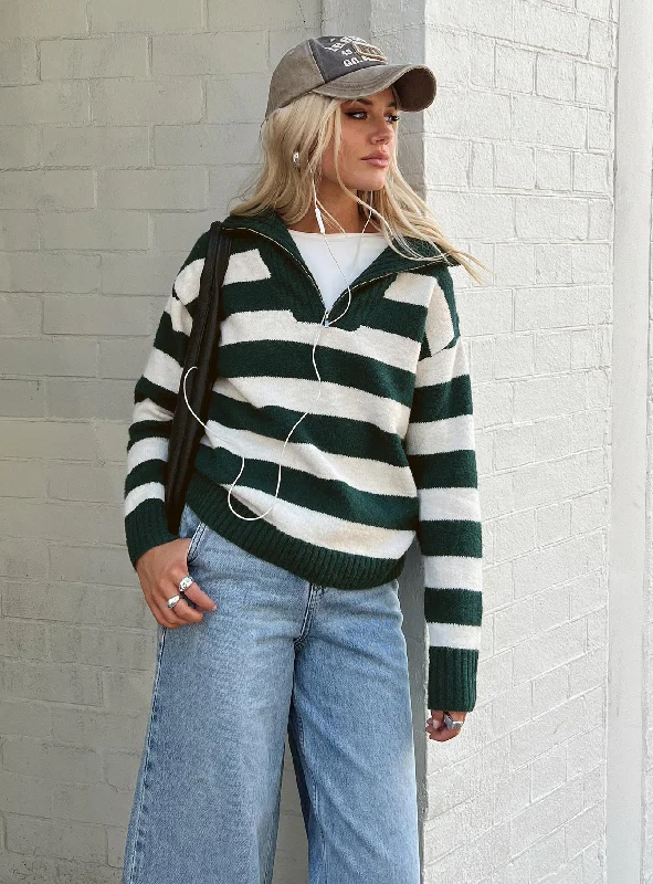 Plus Size Women's Pocket - Detail Sweater in Olive Green for a Practical and Fashionable PieceNeena Quarter Zip Sweater Green / Cream