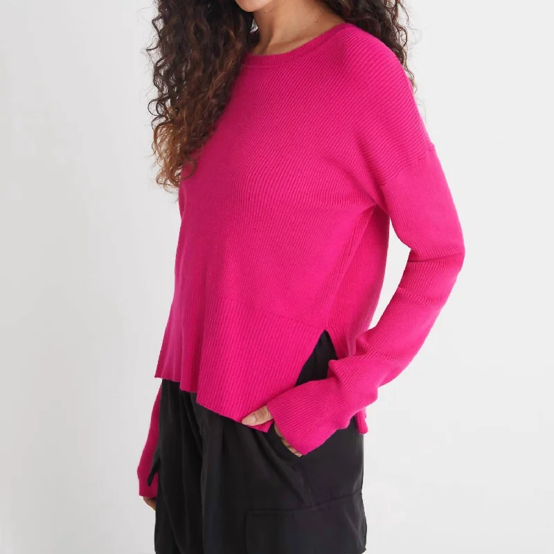 Plus Size Women's Mock - Neck Sweater in Teal with a Side Slit for a Modern TwistNola Rib Crewneck Sweater In Fuchsia Plus Size Women's Mock - Neck Sweater in Teal with a Side Slit for a Modern TwistNola Rib Crewneck Sweater In Fuchsia
