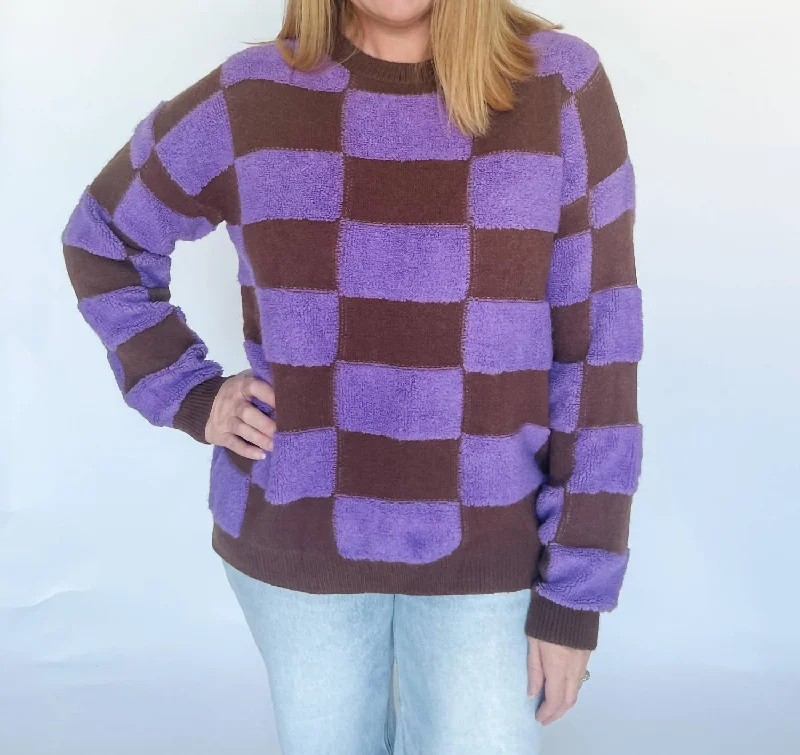 Women's Cable - Knit Sweater Dress in Brown for a Stylish and Comfortable One - Piece OptionOld Faithful Checker Sweater In Brown And Purple Women's Cable - Knit Sweater Dress in Brown for a Stylish and Comfortable One - Piece OptionOld Faithful Checker Sweater In Brown And Purple