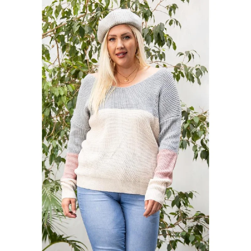 Plus Size Women's Fringe - Trimmed Sweater in Beige for a Boho - Inspired StyleOpen Back Twisted Color Block Print Long Sleeve Boat Neck Sweater Top Plus Size Women's Fringe - Trimmed Sweater in Beige for a Boho - Inspired StyleOpen Back Twisted Color Block Print Long Sleeve Boat Neck Sweater Top