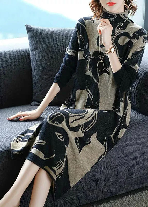 Women's Ribbed Bodycon Sweater in Red for a Sexy and Figure - Hugging LookOrganic Black Turtle Neck Oversized Print Long Knit Dress Winter