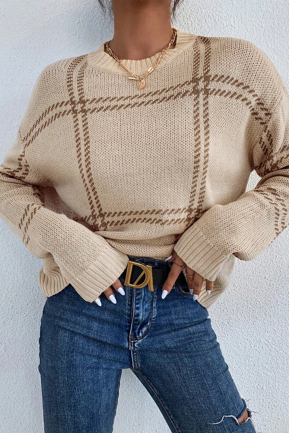 Women's Cable - Knit Sweater Dress in Brown for a Stylish and Comfortable One - Piece OptionPlaid Round Neck Dropped Shoulder Sweater Women's Cable - Knit Sweater Dress in Brown for a Stylish and Comfortable One - Piece OptionPlaid Round Neck Dropped Shoulder Sweater