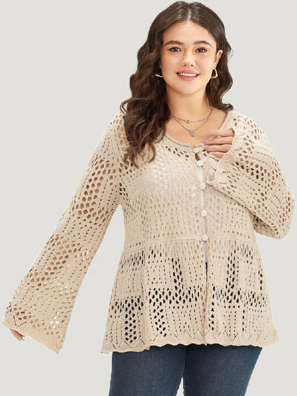 lightweight women cardigan for spring and fallPlain Hollow Out Button Through Bell Sleeve Cardigan lightweight women cardigan for spring and fallPlain Hollow Out Button Through Bell Sleeve Cardigan