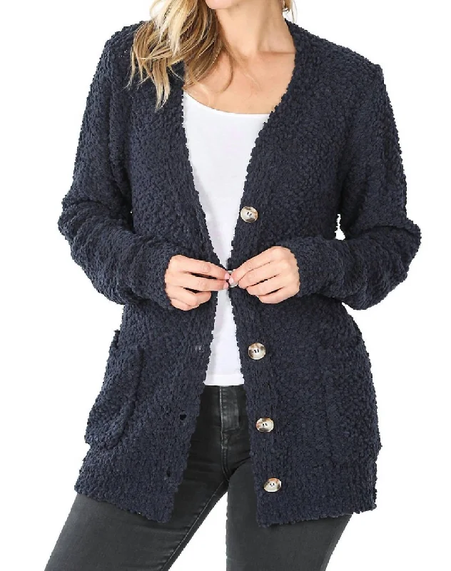 cropped women cardigan to pair with high - waisted jeansPopcorn Button Down Cardigan In Midnight Navy cropped women cardigan to pair with high - waisted jeansPopcorn Button Down Cardigan In Midnight Navy