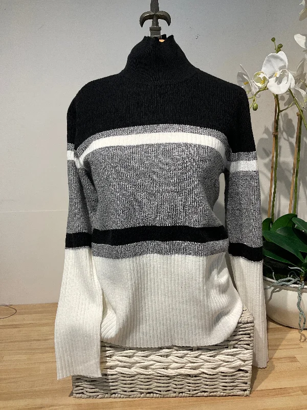Plus Size Women's Button - Down Sweater in Mustard Yellow for a Pop of ColorPure Amici Black Stripe Combo Turtleneck Sweater