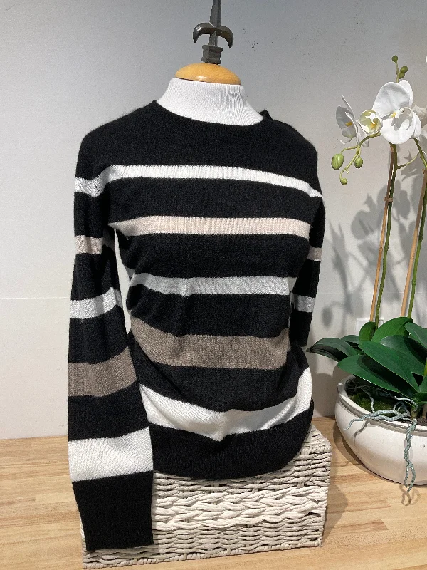 Women's Cropped Cable - Knit Merino Wool Sweater in Beige for a Trendy Fall OutfitPure Amici Black Stripe Crew Neck Sweater 100% Cashmere Women's Cropped Cable - Knit Merino Wool Sweater in Beige for a Trendy Fall OutfitPure Amici Black Stripe Crew Neck Sweater 100% Cashmere