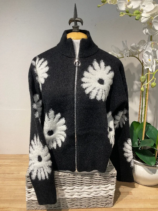Women's Sheer Lace - Trimmed Sweater in Cream for a Delicate and Elegant AppearanceR&R Black Flower Print Zip Up Sweater Women's Sheer Lace - Trimmed Sweater in Cream for a Delicate and Elegant AppearanceR&R Black Flower Print Zip Up Sweater