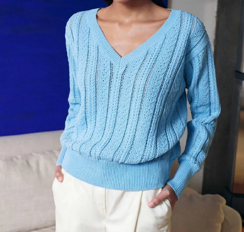 Plus Size Women's Mock - Neck Sweater in Teal with a Side Slit for a Modern TwistRecycled Cotton Open Cable V-Neck Sweater In Sky Blue Plus Size Women's Mock - Neck Sweater in Teal with a Side Slit for a Modern TwistRecycled Cotton Open Cable V-Neck Sweater In Sky Blue