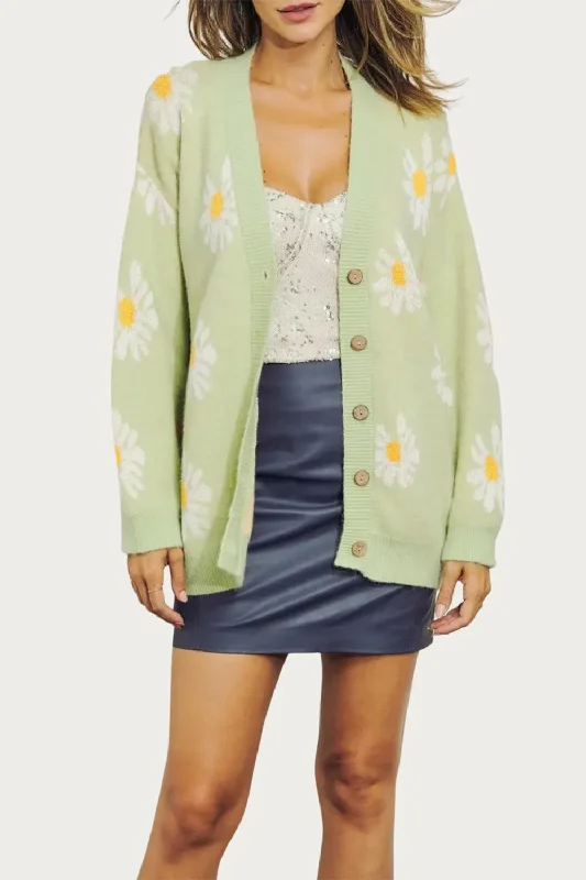 hand knitted women cardigan with artisanal charmRetro Floral Knit Button-Front Cardigan In Lime hand knitted women cardigan with artisanal charmRetro Floral Knit Button-Front Cardigan In Lime