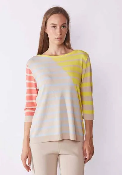 Plus Size Women's Pocket - Detail Sweater in Olive Green for a Practical and Fashionable PieceRizzolo Multi Striped Boat Neck Sweater Plus Size Women's Pocket - Detail Sweater in Olive Green for a Practical and Fashionable PieceRizzolo Multi Striped Boat Neck Sweater