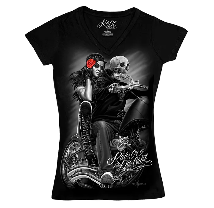 Embroidered Women T Shirt with Intricate DetailsRODC - Biker Babe  V-Neck