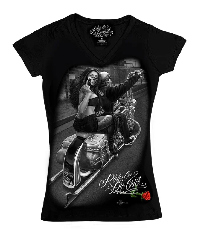 Distressed Women T Shirt with a Laid - Back AestheticRODC - Ride It V-Neck