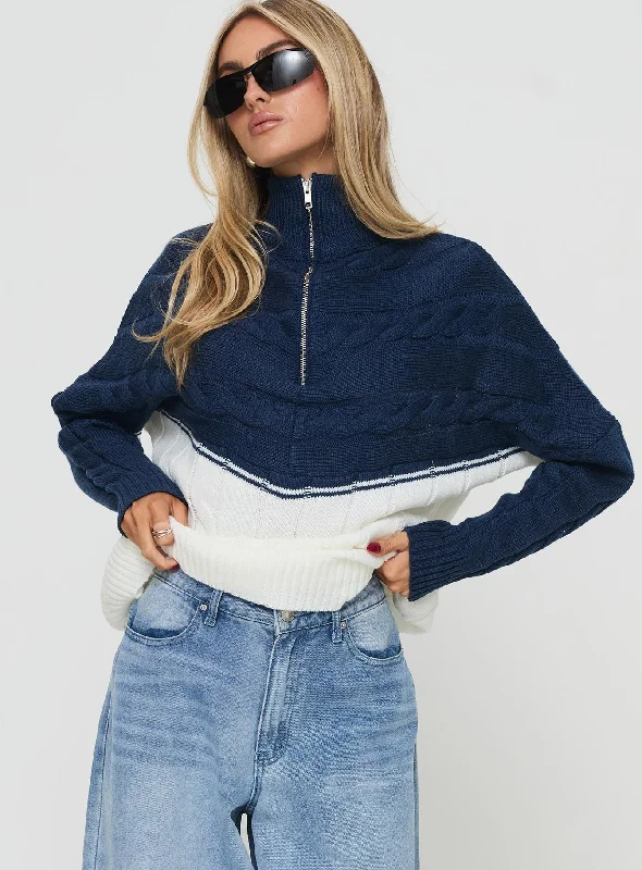Plus Size Women's Off - Shoulder Ruffled Hem Sweater in Pink for a Feminine and Flirty LookSan Seb Quarter Zip Sweater Navy / Cream Plus Size Women's Off - Shoulder Ruffled Hem Sweater in Pink for a Feminine and Flirty LookSan Seb Quarter Zip Sweater Navy / Cream