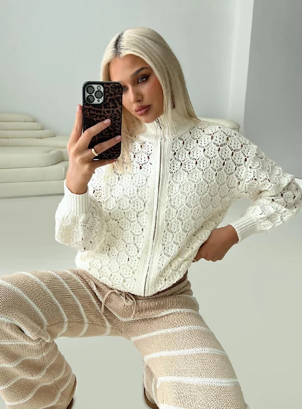 Plus Size Women's Mock - Neck Sweater in Teal with a Side Slit for a Modern TwistSirena Zip Through Knit Sweater Cream Plus Size Women's Mock - Neck Sweater in Teal with a Side Slit for a Modern TwistSirena Zip Through Knit Sweater Cream