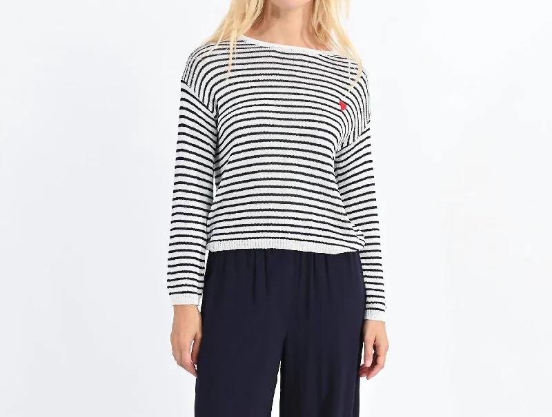 Women's Sheer Lace - Trimmed Sweater in Cream for a Delicate and Elegant AppearanceStripe Knit Sweater In Navy Women's Sheer Lace - Trimmed Sweater in Cream for a Delicate and Elegant AppearanceStripe Knit Sweater In Navy