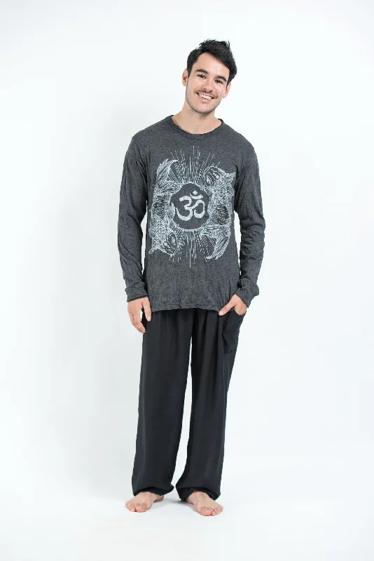 Crew Neck Women T Shirt with a Timeless DesignUnisex Om and Koi Fish Long Sleeve T-Shirt in Silver on Black Crew Neck Women T Shirt with a Timeless DesignUnisex Om and Koi Fish Long Sleeve T-Shirt in Silver on Black
