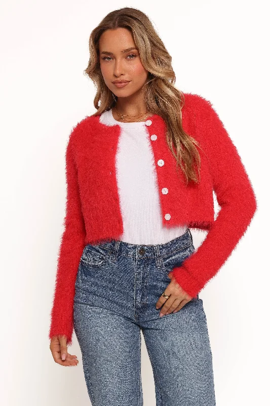 long length women cardigan with side slitsTavan Crop Button Front Cardigan - Red