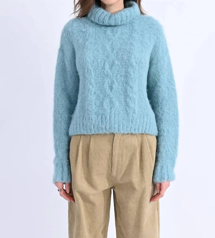 Plus Size Women's Off - Shoulder Ruffled Hem Sweater in Pink for a Feminine and Flirty LookTurtleneck Cable Knitted Sweater In Ice Blue Plus Size Women's Off - Shoulder Ruffled Hem Sweater in Pink for a Feminine and Flirty LookTurtleneck Cable Knitted Sweater In Ice Blue