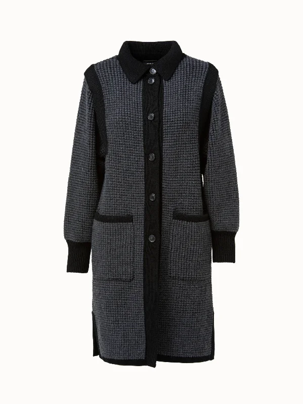 long length women cardigan with side slitsTwo Tone Trapezoid Stitch Long Cardigan