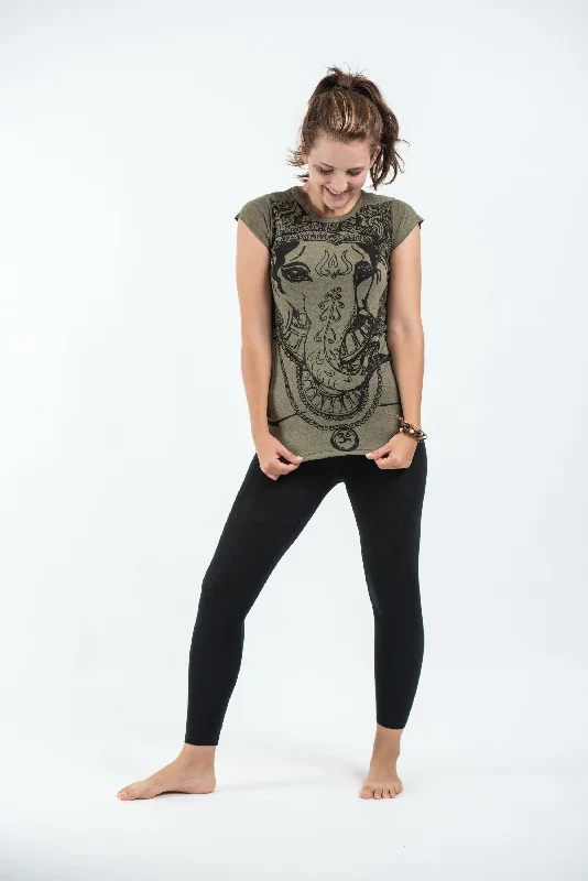 Long Sleeve Women T Shirt for Cooler WeatherWomens Big Face Ganesh T-Shirt in Green