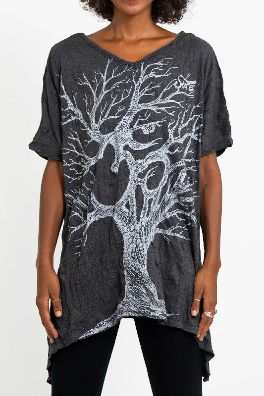 Striped Women T Shirt in a Classic PatternWomens Om Tree Loose V Neck T-Shirt in Silver on Black Striped Women T Shirt in a Classic PatternWomens Om Tree Loose V Neck T-Shirt in Silver on Black