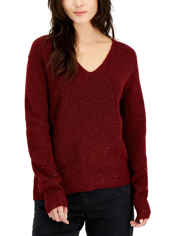 Plus Size Women's Off - Shoulder Ruffled Hem Sweater in Pink for a Feminine and Flirty LookWomens V Neck Ribbed Trim Pullover Sweater Plus Size Women's Off - Shoulder Ruffled Hem Sweater in Pink for a Feminine and Flirty LookWomens V Neck Ribbed Trim Pullover Sweater