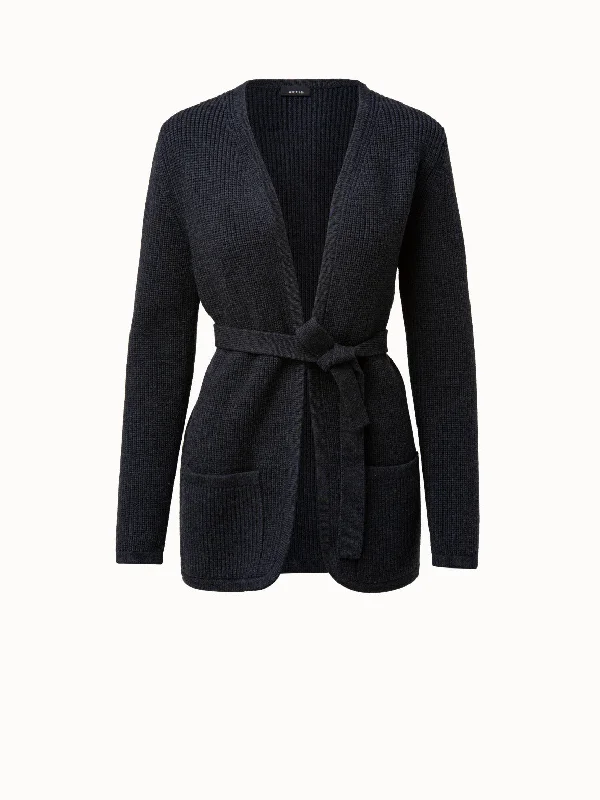 button down women cardigan with vintage buttonsWool Stretch Long Belted Cardigan