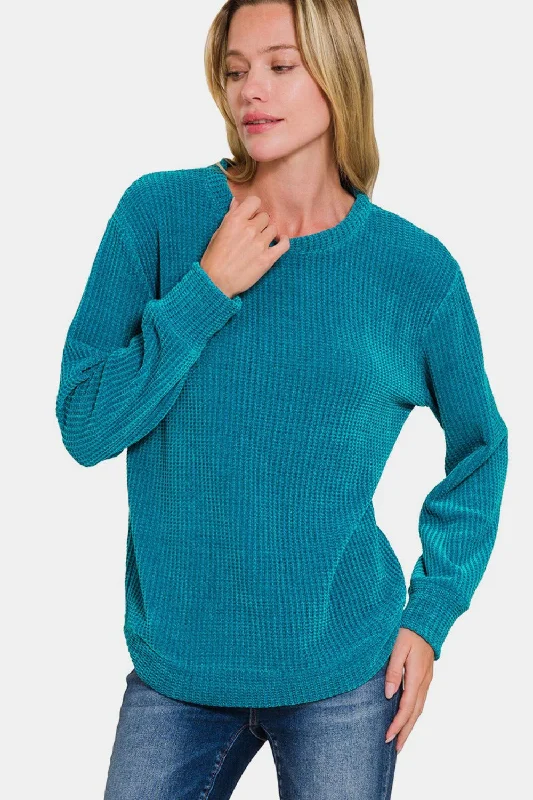 Women's Sheer Lace - Trimmed Sweater in Cream for a Delicate and Elegant AppearanceZenana Chenille Waffle Round Neck Sweater Women's Sheer Lace - Trimmed Sweater in Cream for a Delicate and Elegant AppearanceZenana Chenille Waffle Round Neck Sweater