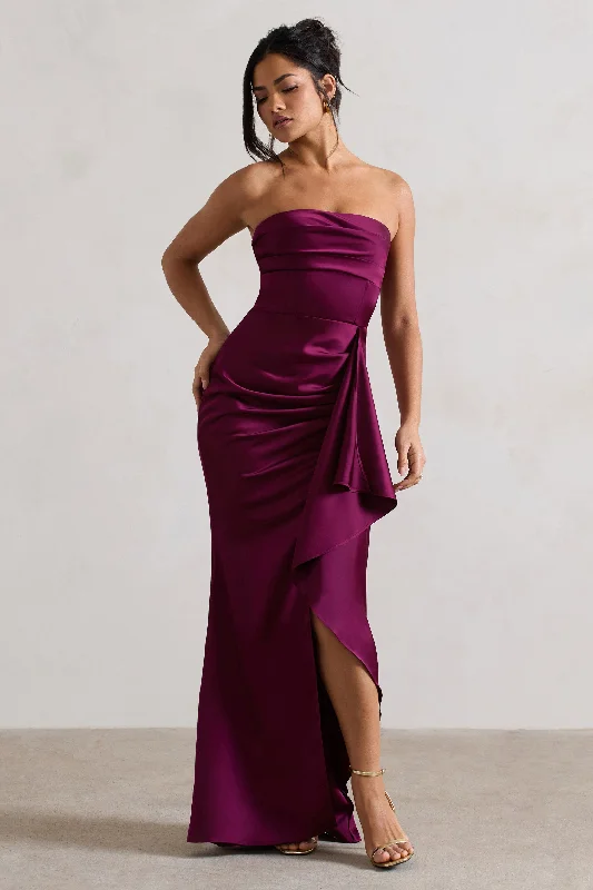 Maxi Women Dress with Floral Print for a Bohemian VibeAce | Plum Satin Bandeau Split Maxi Dress With Ruffle Drape Maxi Women Dress with Floral Print for a Bohemian VibeAce | Plum Satin Bandeau Split Maxi Dress With Ruffle Drape