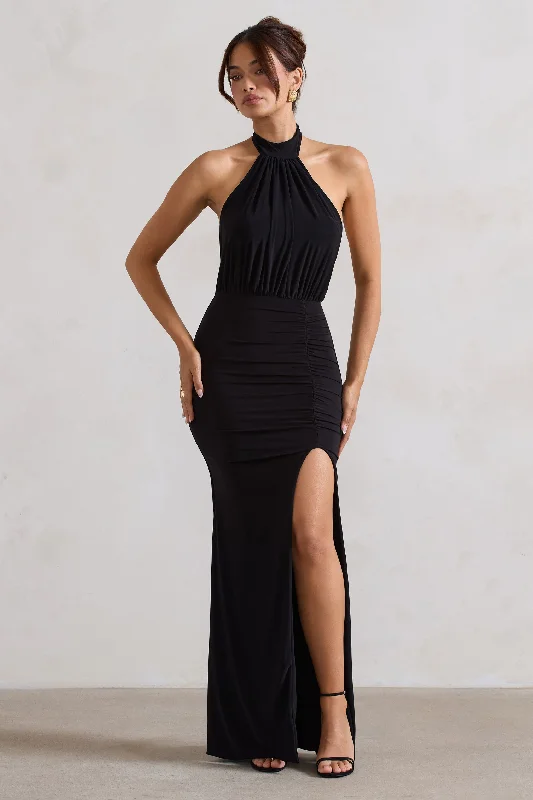 Plus Size Women Dress with a Flattering A - Line Cut for Comfort and StyleForever Dreaming | Black Backless Halter Neck Ruched Split Maxi Dress Plus Size Women Dress with a Flattering A - Line Cut for Comfort and StyleForever Dreaming | Black Backless Halter Neck Ruched Split Maxi Dress