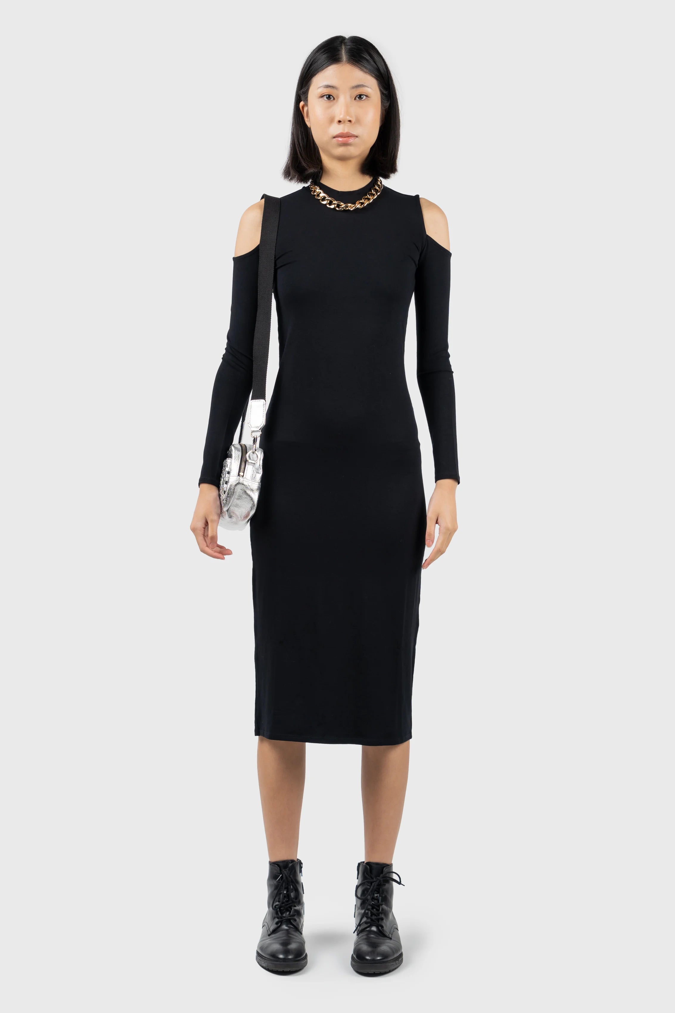 Ruffled Women Dress with Multiple Layers for a Playful and Girly StyleCold Shoulder High Neck Midi Dress Ruffled Women Dress with Multiple Layers for a Playful and Girly StyleCold Shoulder High Neck Midi Dress