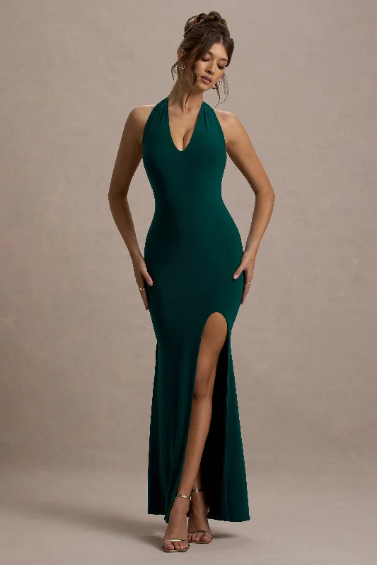 Halter Neck Women Dress to Show Off the Shoulders and NecklineGlamour | Bottle Green Backless V Plunge Halter Neck Maxi Dress With Side Split Halter Neck Women Dress to Show Off the Shoulders and NecklineGlamour | Bottle Green Backless V Plunge Halter Neck Maxi Dress With Side Split
