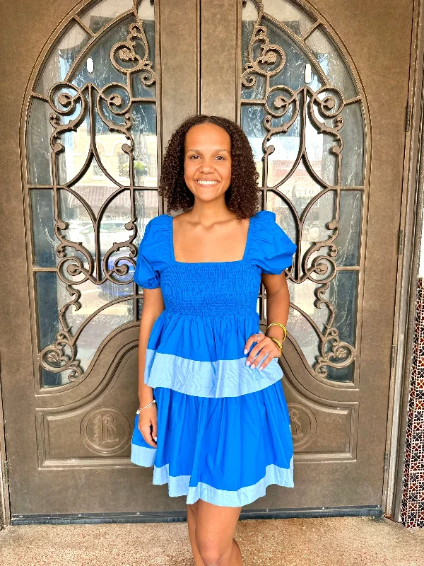 Off - the - Shoulder Women Dress for a Romantic and Feminine LookColorblock Smocked Tiered Mini Dress Off - the - Shoulder Women Dress for a Romantic and Feminine LookColorblock Smocked Tiered Mini Dress