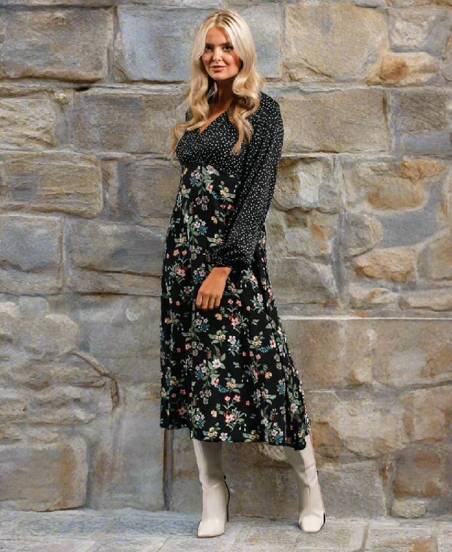 Empire Waist Women Dress to Accentuate the Bust and Conceal the WaistBlack Floral Long Sleeve Midi Dress Empire Waist Women Dress to Accentuate the Bust and Conceal the WaistBlack Floral Long Sleeve Midi Dress
